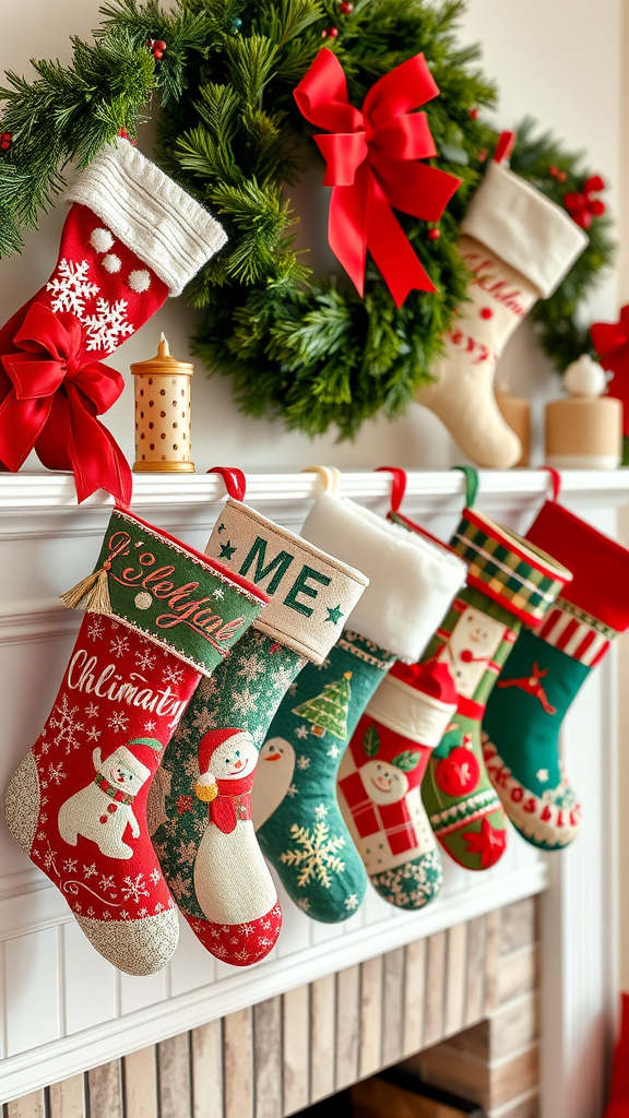 A colorful arrangement of holiday stockings hanging from a mantel, surrounded by festive decorations.