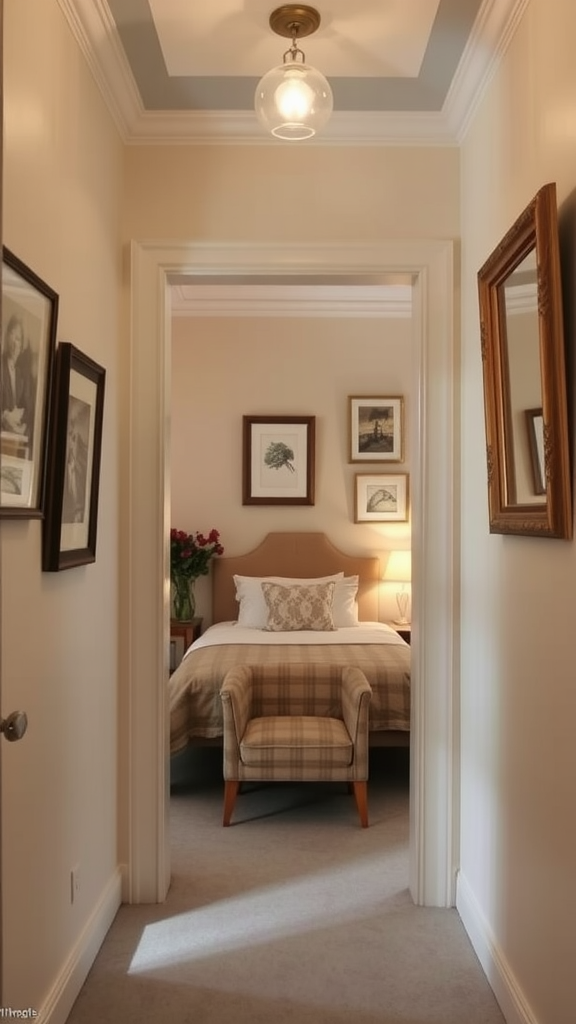 A cozy bedroom with a large portrait on the wall and warm decor, showcasing thoughtful wall decor.