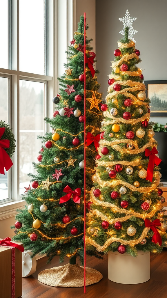 A side-by-side comparison of a real Christmas tree on the left and an artificial Christmas tree on the right, both decorated beautifully.