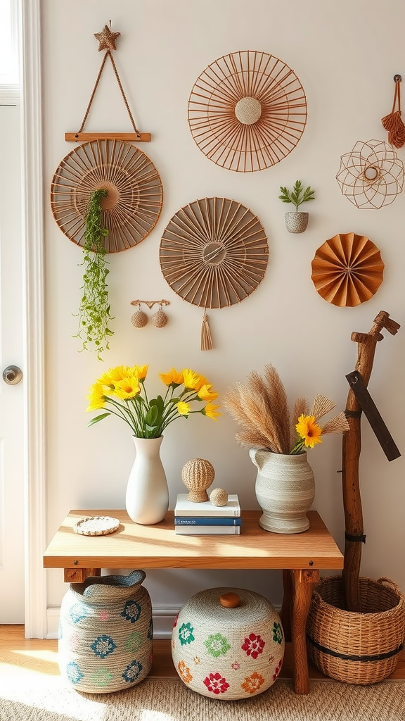 A cozy room with artisan wall decor, a wooden table featuring flowers, and colorful woven baskets.