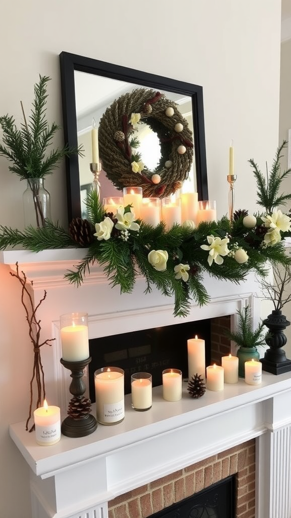 A beautifully decorated mantel with various candles, a mirror, and seasonal decor.