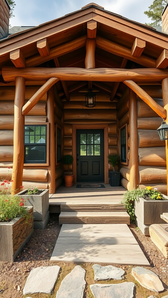 A rustic artisan crafted cabin entrance with wooden beams and a stone pathway.