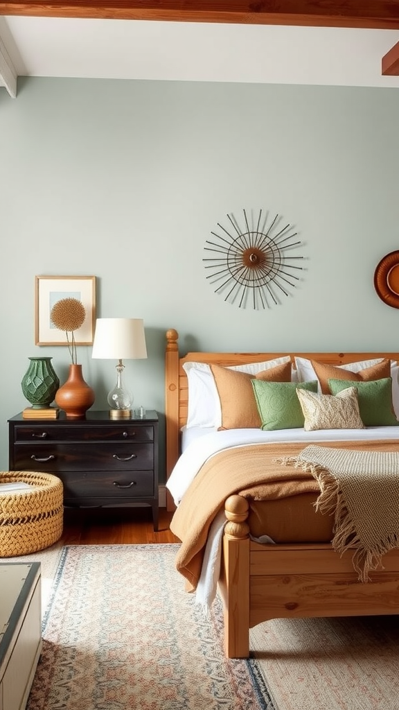 A beautifully designed bedroom featuring a wooden bed frame, decorative pillows, and unique wall art.