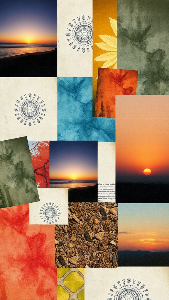 An artistic collage featuring various sunset images, colorful textures, and circular motifs, creating a harmonious visual experience.