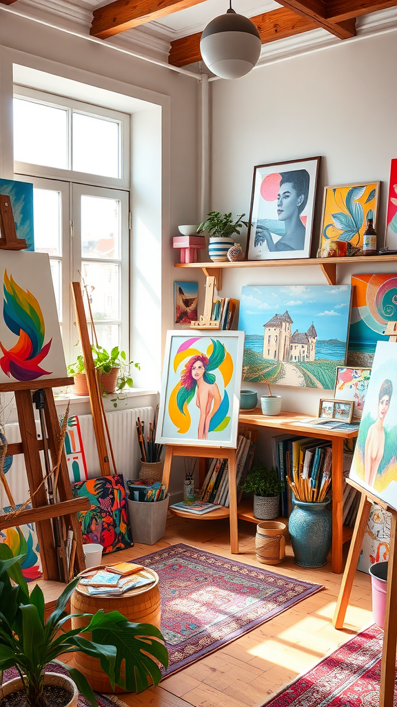 An artistic studio filled with colorful paintings, plants, and cozy decor.