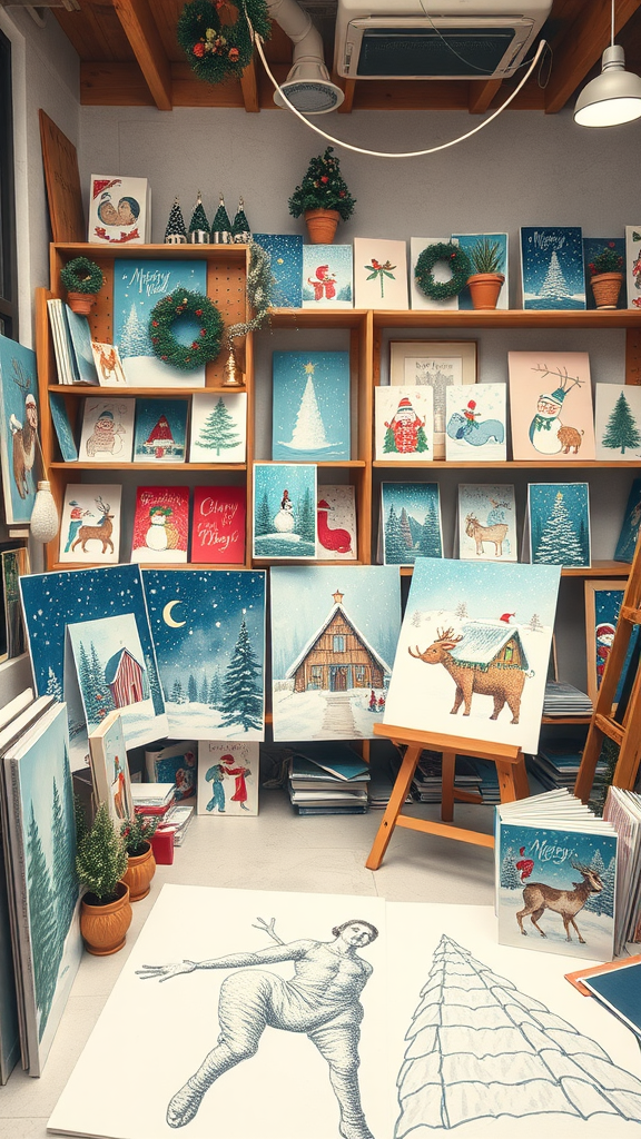 A cozy art space filled with Christmas-themed paintings and decorations.