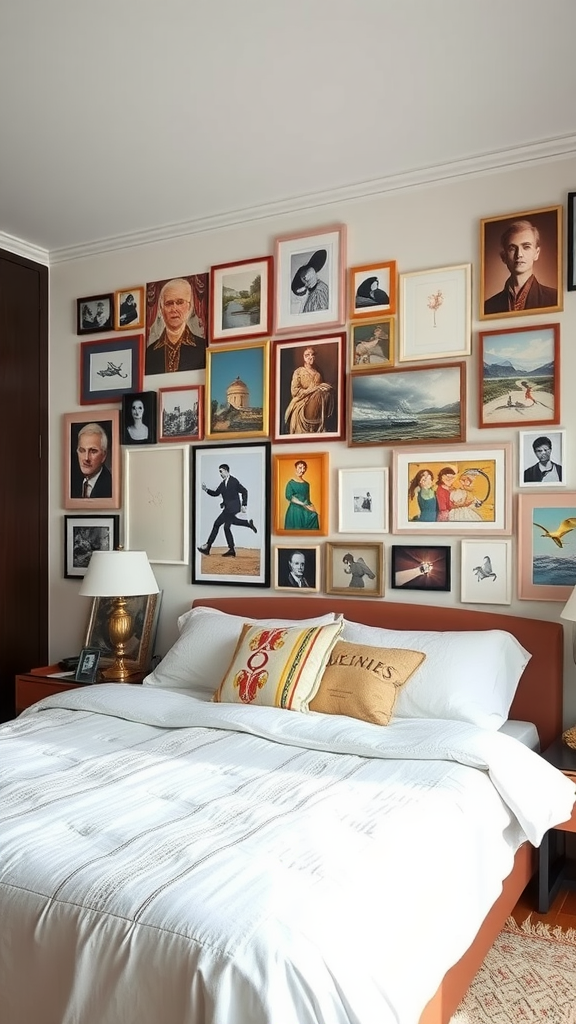 A cozy bedroom featuring a gallery wall filled with various framed artworks and photographs.