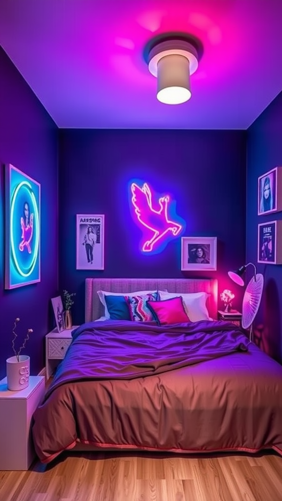 A cozy bedroom featuring artistic neon wall art, a bed with colorful pillows, and framed pictures on a deep-colored wall.