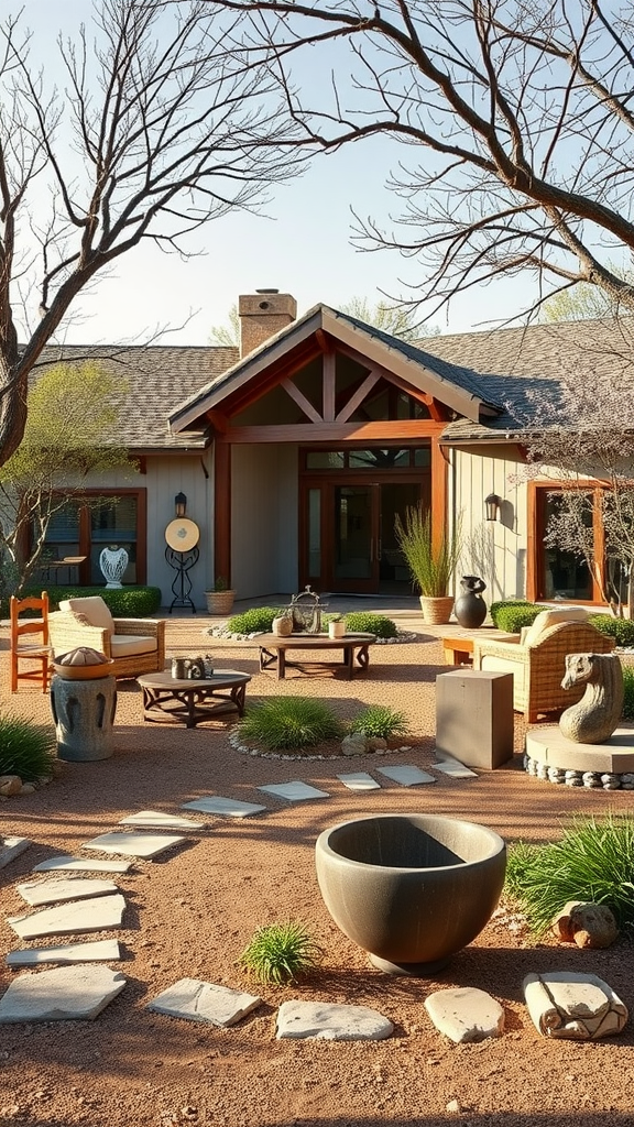 A beautiful outdoor living space with seating arrangements, stone paths, and decorative elements amidst greenery.