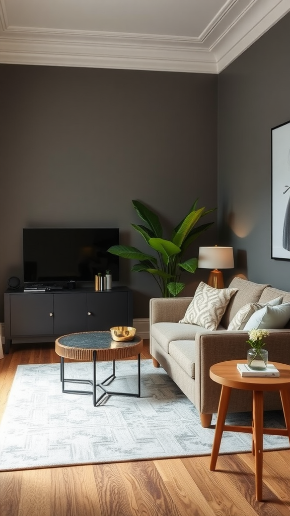 A cozy living room featuring a dark wall, a comfortable sofa with patterned cushions, a stylish coffee table, and a plant for decoration.