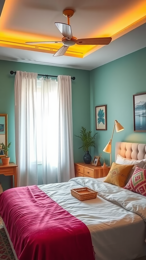 A cozy bedroom featuring teal walls, a warm ceiling light, a pink throw on the bed, and decorative plants.