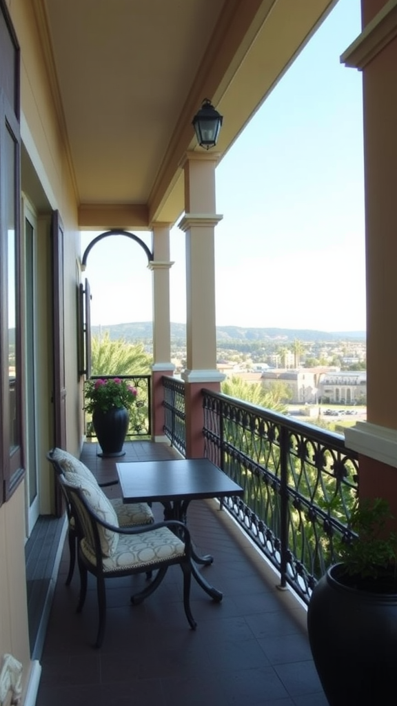 A balcony featuring a table, chairs, and scenic views of greenery and buildings in the distance.