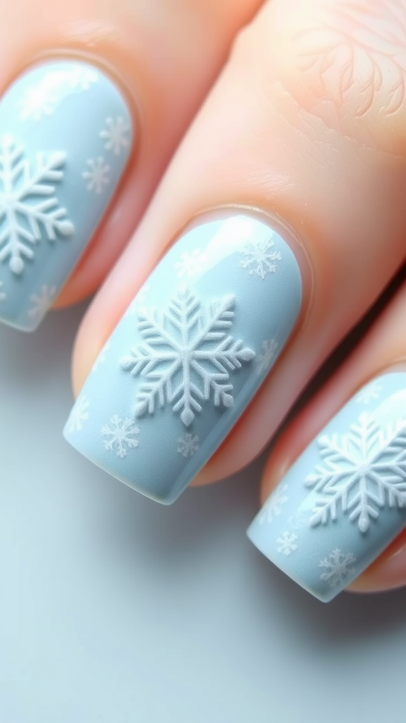 Close-up of manicured nails with blue polish featuring white snowflake designs.