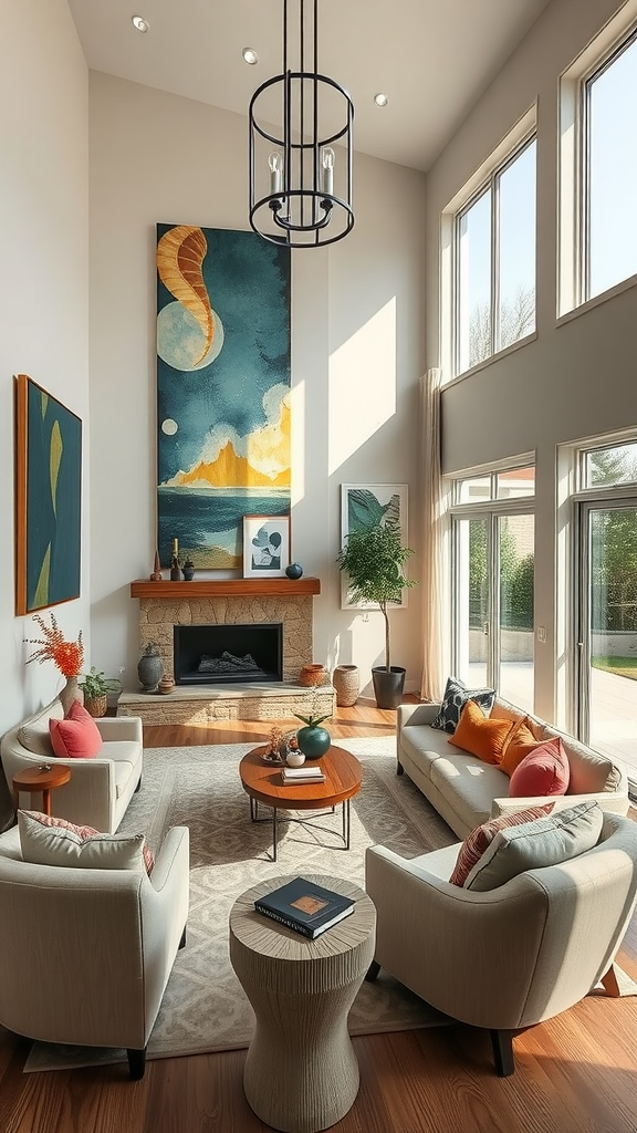 A stylish sunken living room featuring modern furniture, artwork, and large windows.