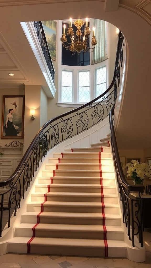 A beautifully designed staircase with elegant curves and a stylish railing.