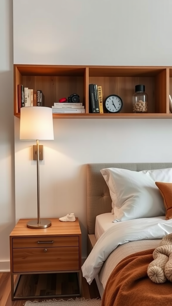 Cozy bedroom with a bedside shelf displaying books and a lamp.