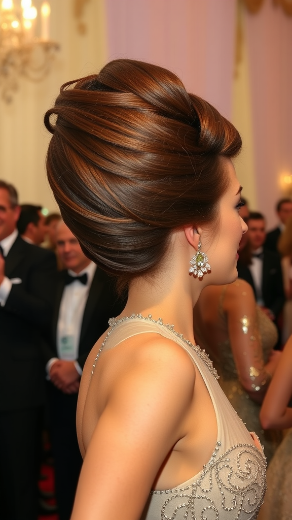 A woman showcasing a stylish beehive hairstyle at a formal event.