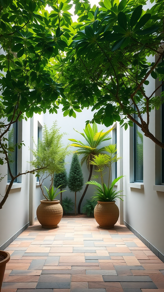A peaceful courtyard with potted plants and greenery, showcasing a serene outdoor space.