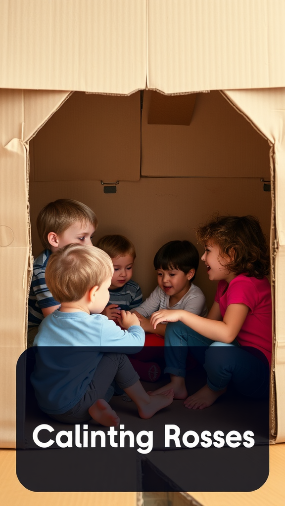 Children playing inside a cardboard fort, smiling and engaging with each other.