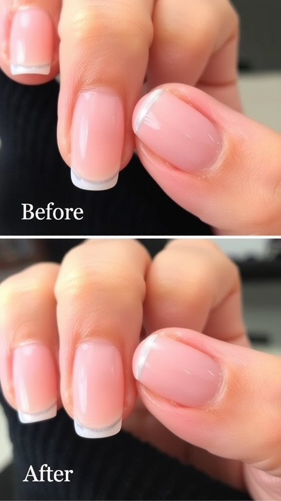 Before and after comparison of Shellac nails on short nails.
