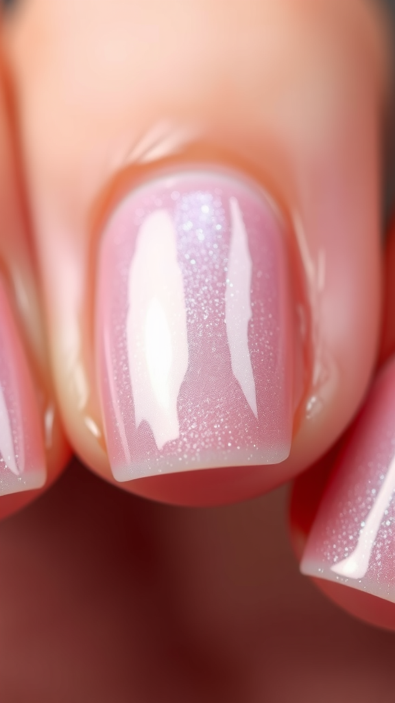 Close-up of shellac nails with a pink shiny finish.
