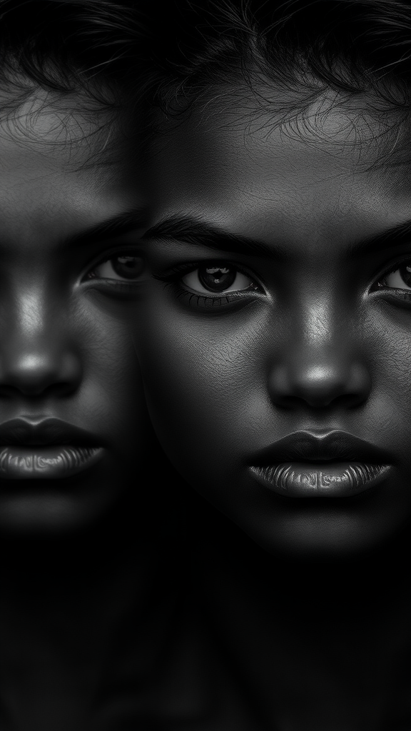 A striking black and white portrait of two faces, showcasing detailed features and emotional intensity.