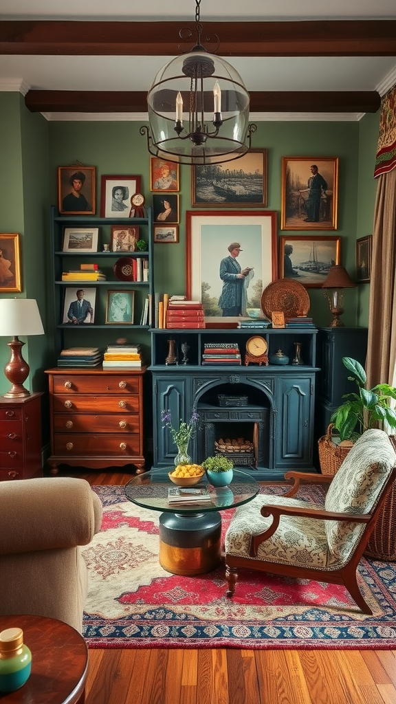 A cozy living room blending vintage and modern elements with green walls, eclectic artwork, and comfortable furniture.