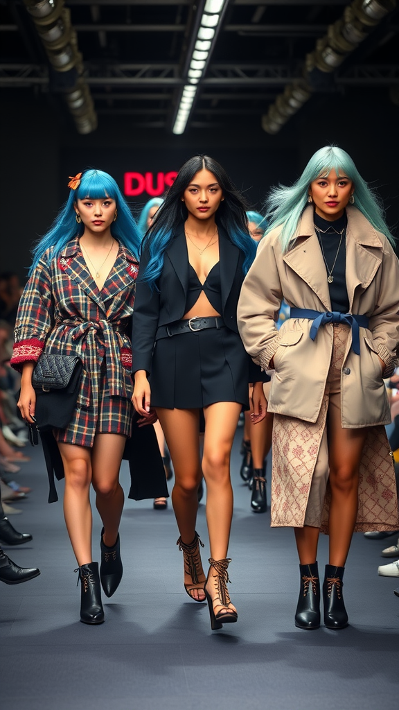 Three models with blue hair walking the runway in stylish outfits.