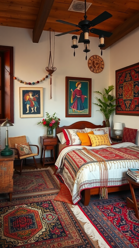 A cozy bedroom featuring bohemian vintage decor with colorful quilts, intricate rugs, and charming artwork.