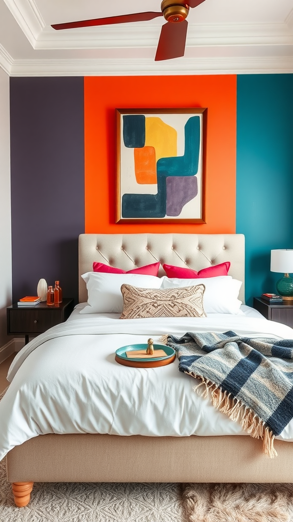 A modern bedroom with a bold accent wall in orange, purple, and teal, featuring stylish decor and vibrant bedding.