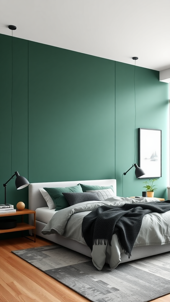 A modern bedroom featuring a bold green accent wall, stylish bedding, and contemporary lighting.