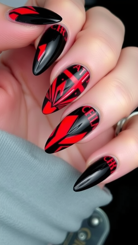 A close-up of stylish black and red nail art on pointed nails.