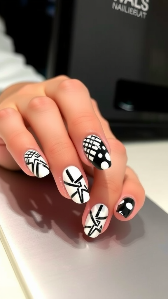 A close-up of hands with bold black and white geometric nail art.