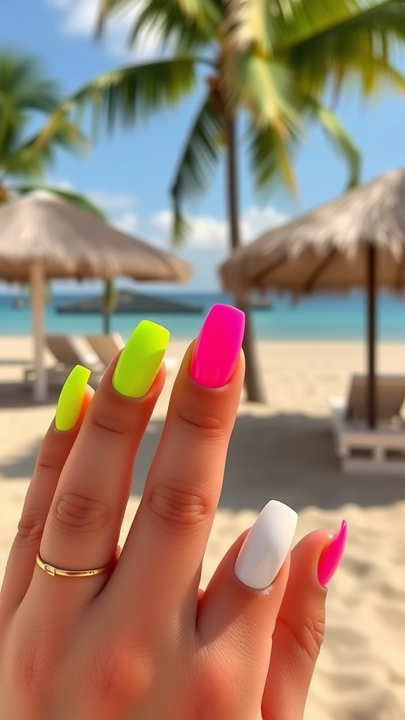 Close-up of a hand with bold neon manicured nails in bright colors, set against a beach background with palm trees.