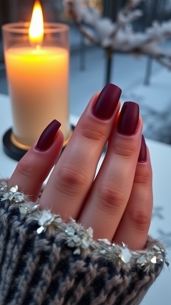 A hand with bold wine-colored matte nails wearing a cozy knitted glove, with a candle in the background.