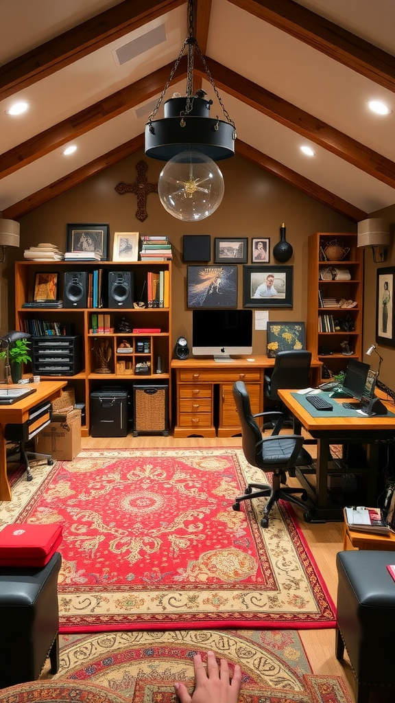 A well-organized hobby room featuring wooden shelves, a large desk, and a decorative rug.