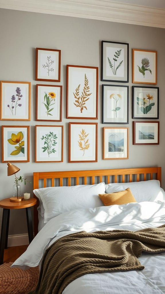 A collection of framed botanical illustrations on a wall above a bed with simple bedding.