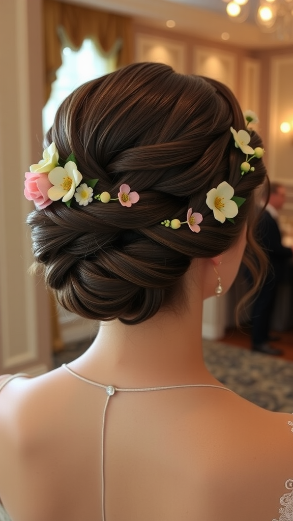 Elegant braided updo hairstyle adorned with small flowers, perfect for formal occasions