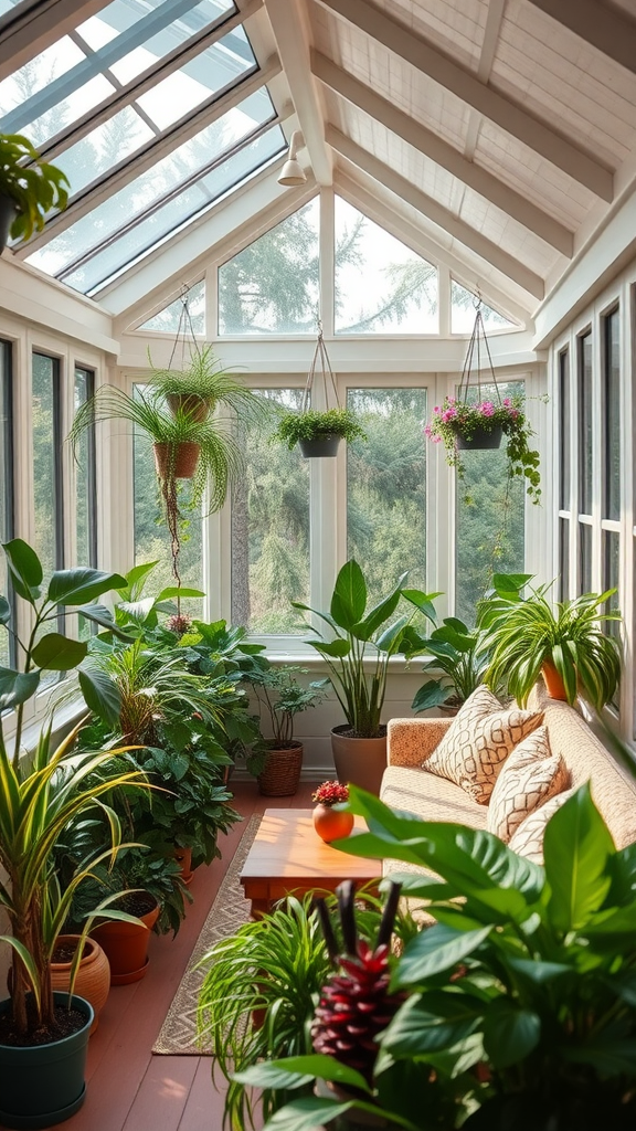 A bright and airy sunroom filled with plants and a cozy seating area.