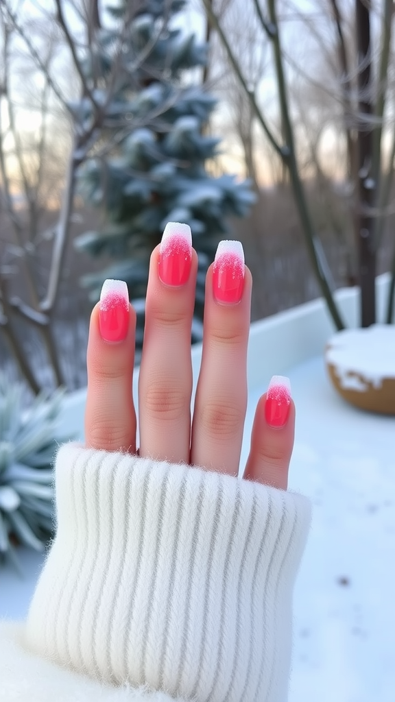 Bright coral nails with frosty tips against a snowy background