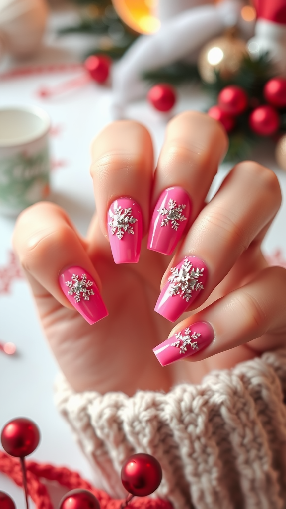 Bright pink nails with glitter snowflakes, festive decor in the background