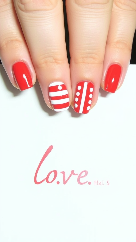 Nail art featuring bright red nails with white stripes and polka dots.