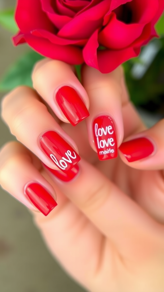 Close-up of red nails with white love quotes and a red rose in the background.