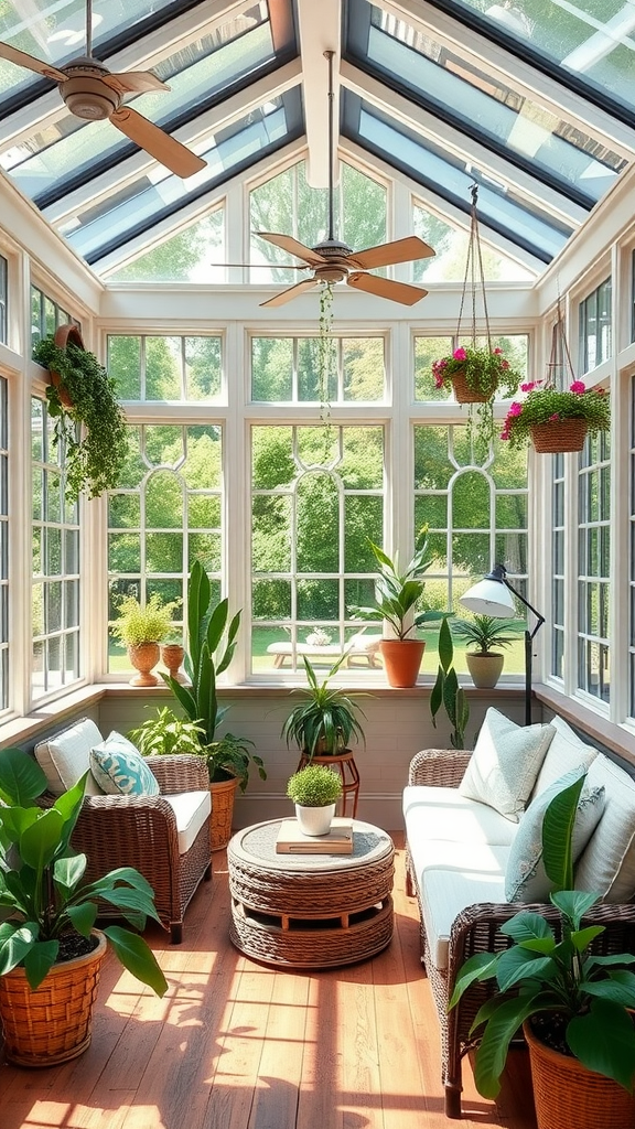 A bright sunroom filled with plants and comfortable seating.