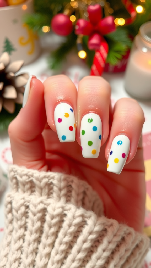 Close-up of vibrant white nails adorned with colorful dots