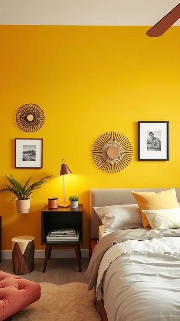 Cozy bedroom featuring a bright yellow accent wall with decorative elements.