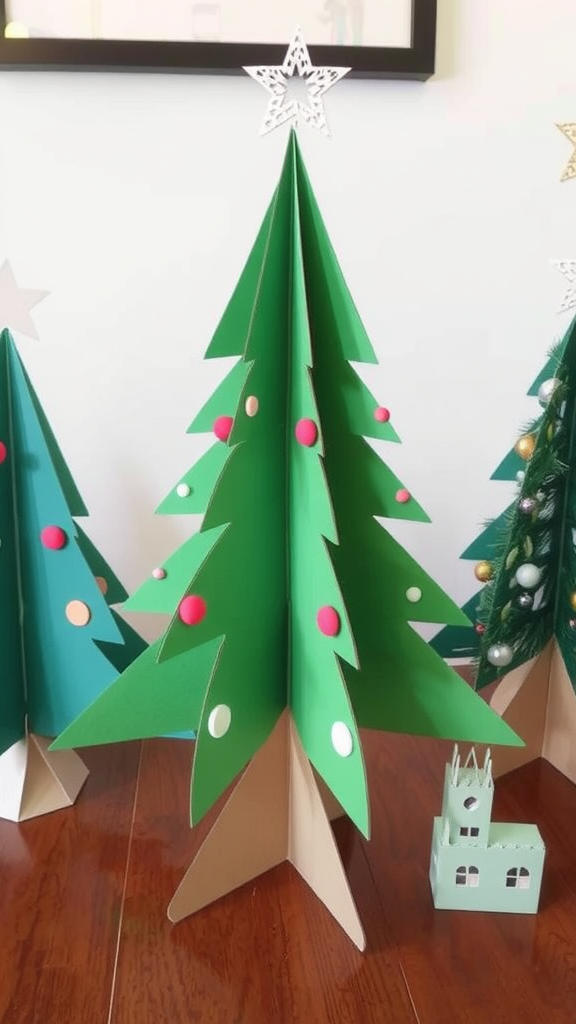 Colorful handmade paper Christmas trees with ornaments