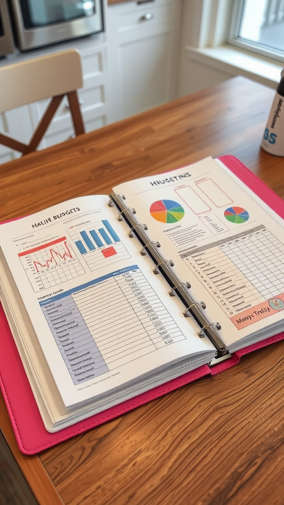 Open budgeting binder with colorful charts and graphs on a wooden table