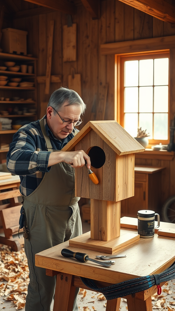 Craftsman working on a wooden birdhouse in a workshop