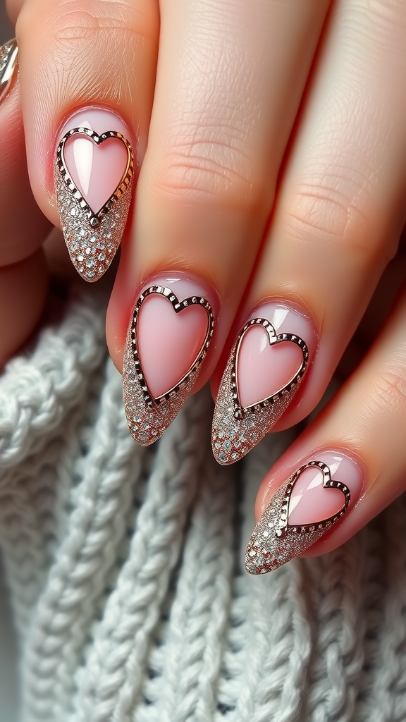 A close-up of hands with pink heart-shaped nail designs and sparkling details.